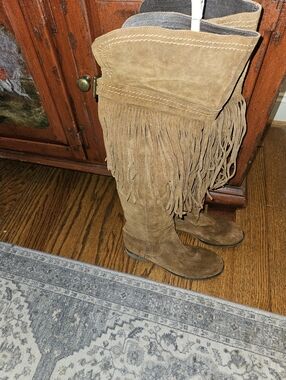 FREE PEOPLE Suede Fringe Knee-High Boots in Brown SZ 39